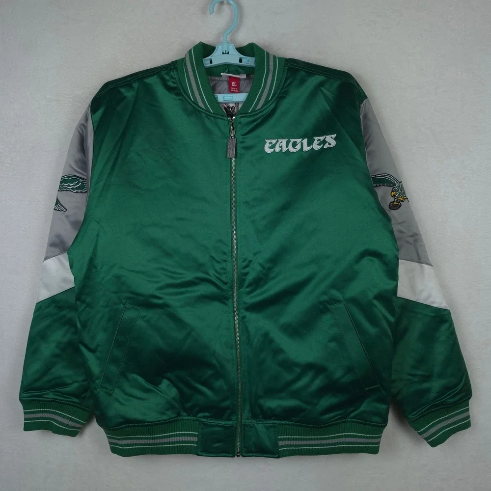 Philadelphia Eagles Mitchell & Ness NFL XL XLarge Satin Jacket Green Gray NWT